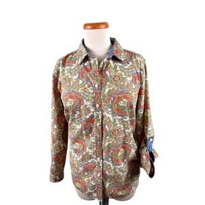 Talbots Women's 16 Petite Paisley Floral Roll Tab Button Up Long Sleeves Shirt